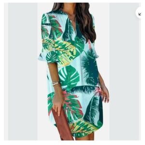 Qacohu Amazon Casual Summer Dress Short Ruffle Sleeve V-neck Tropical Print  XXL